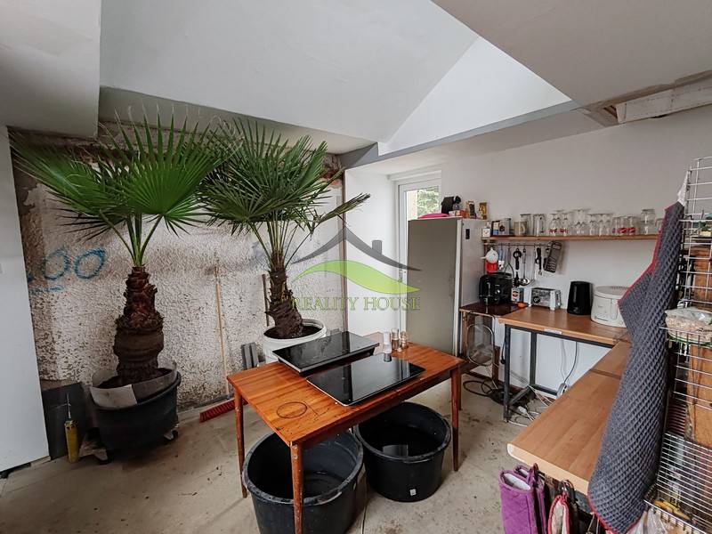 Családi ház belső tere pálmafákkal, konyhasarokkal és praktikus munkaterülettel.