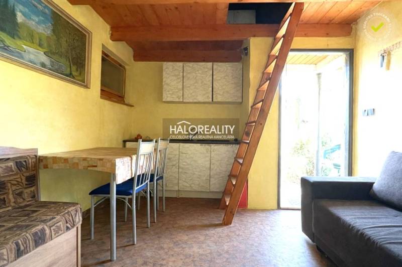 A faház belső tere fa mennyezettel, létrával és fa dekorációjú padlóval.