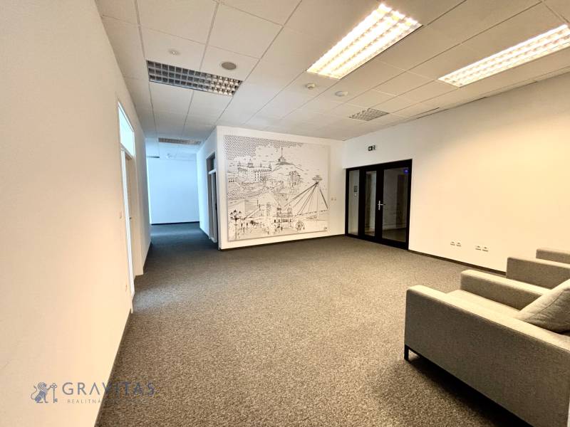 Irodák szőnyegpadlóval, ülőhelyekkel és falfestménnyel otthonos légkört teremtenek.