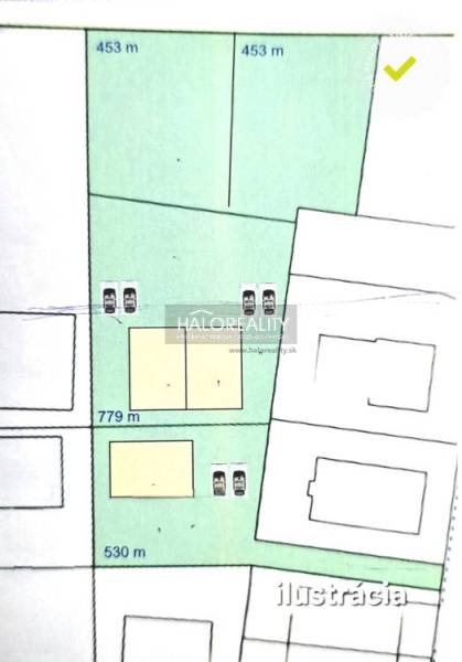 A senci lakóterületek elrendezésének ábrája, 453 m² és 530 m² területekkel.