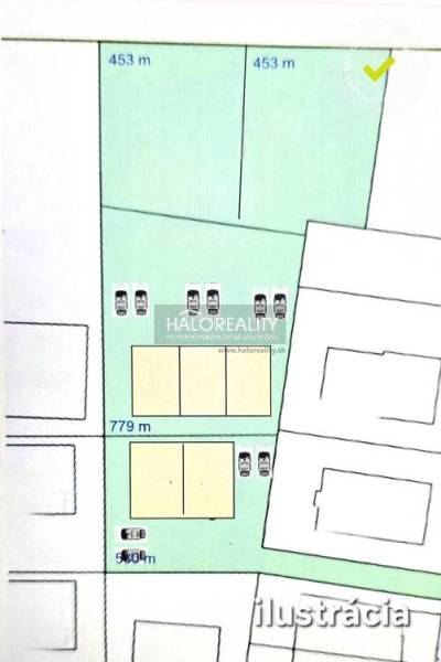 Lakóterület-terv Szencen, ábrázolt területekkel és parkolóhelyekkel.
