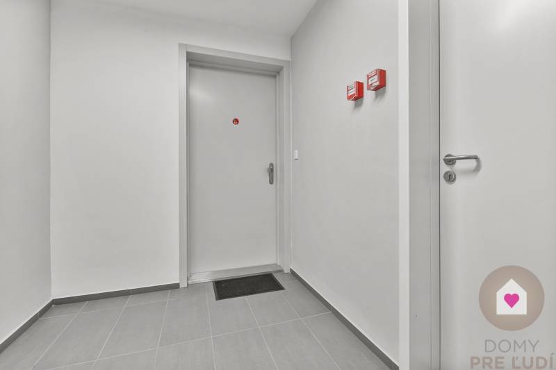 Folyosó ajtókkal, világosszürke falakkal és csempével egy egyszobás lakásban.