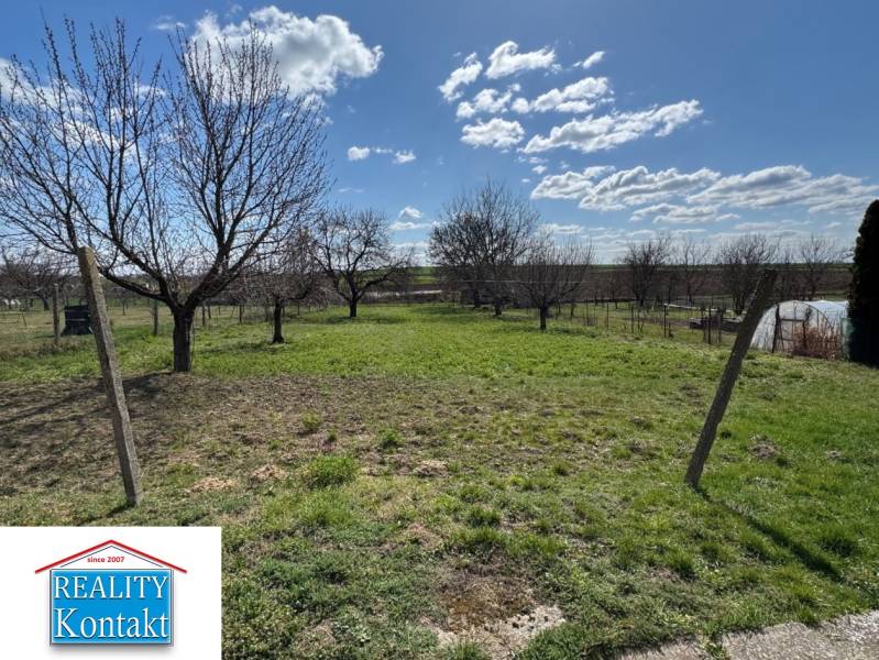 Kert a Radava Fő utcai családi házánál gyümölcsfákkal és gyepes területtel.