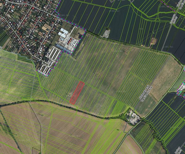 Légi felvétel a mezőgazdasági és erdészeti területekről Práznovce-ben, térképezett parcellahatárokkal.