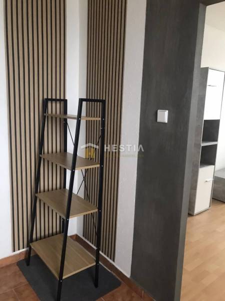 2 szobás lakás belső tere polccal és fa dekorációjú falakkal.