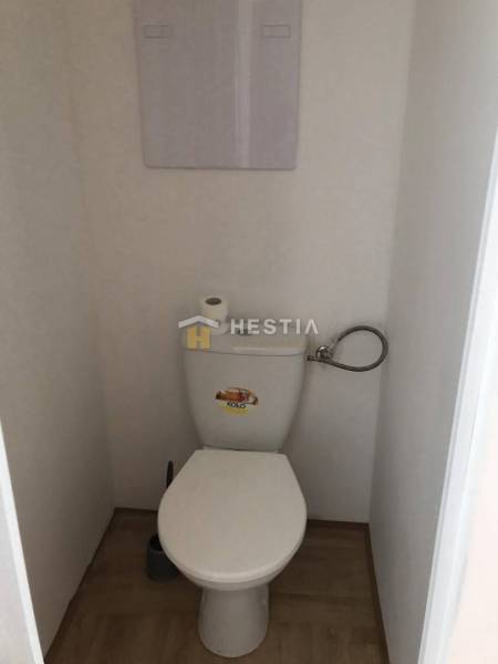 WC fa hatású padlóval egy kétszobás lakásban.