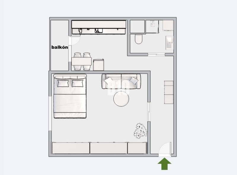 1 szobás lakás alaprajza erkéllyel, fürdőszobával és konyhával.