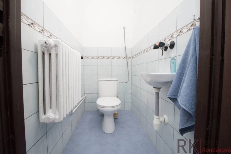 Fürdőszoba kék csempével, WC-vel és mosdóval egy családi házban.