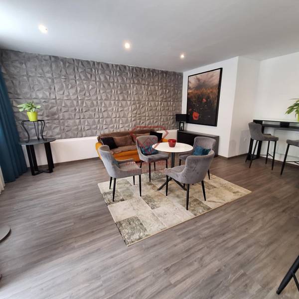 Nappali székekkel és kanapéval egy családi házban, dekoratív fal és bár sarok.