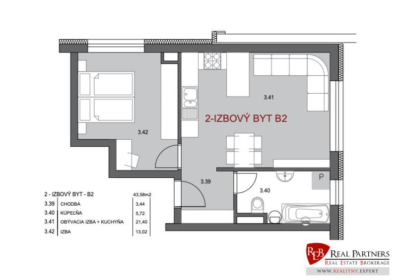 Két szobás lakás alaprajza konyhával és fürdőszobával, világos helyiségelrendezés.