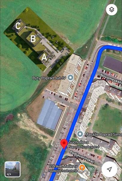 Légi felvétel a poprádi Suchoňova utcáról lakástervvel.