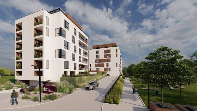 Új építés és zöldterület a poprádi Suchoňova utcában a 4 szobás lakás mellett.