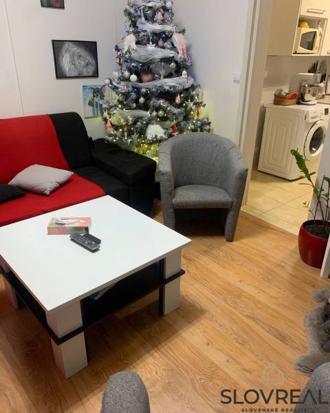 Nappali karácsonyfával, kanapéval, asztallal és fa dekorációjú padlóval egy kétszobás lakásban.