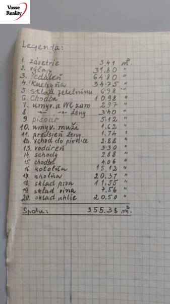 Kézzel írt táblázat a vendéglátóhelyiségek helyiségeinek területéről. Teljes terület: 255,38 m².