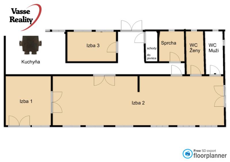 Az étterem helyiségeinek alaprajza konyhával, három szobával és szociális létesítménnyel.