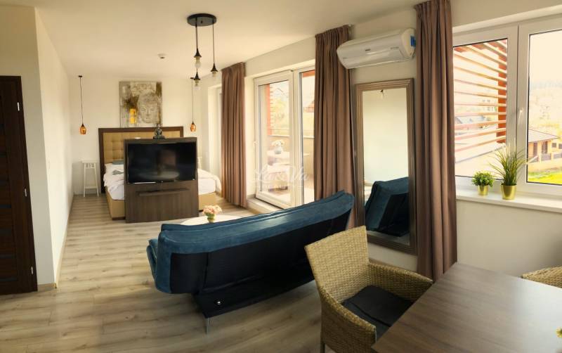 Világos 2 szobás lakás fa dekor padlóval, kanapéval és nagy ablakokkal.