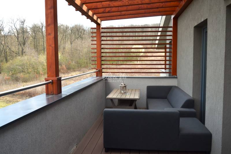 2 szobás lakás erkélye fa dekorációval és kilátással a zöldre.