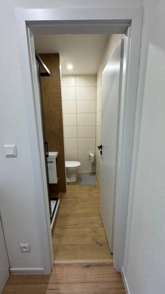 Fürdőszoba WC-vel és zuhanyzóval egy egyszobás lakásban, fa hatású padlóval.