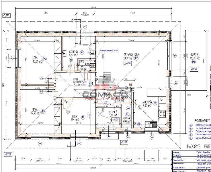 A családi ház földszinti alaprajza szobákkal, konyhával és terasszal.