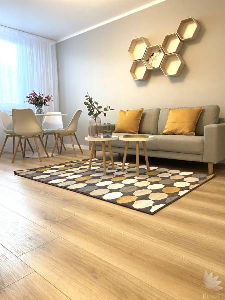 2 szobás lakás fa mintázatú padlóval, kanapéval, étkezőasztallal és geometrikus polcokkal.