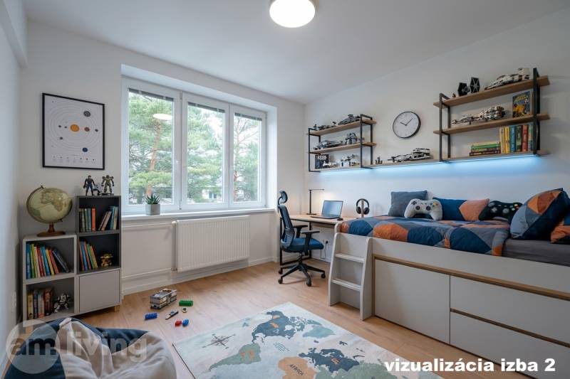 Gyerekszoba egy háromszobás lakásban, fa dekor padlóval és játékokkal teli polcokkal.