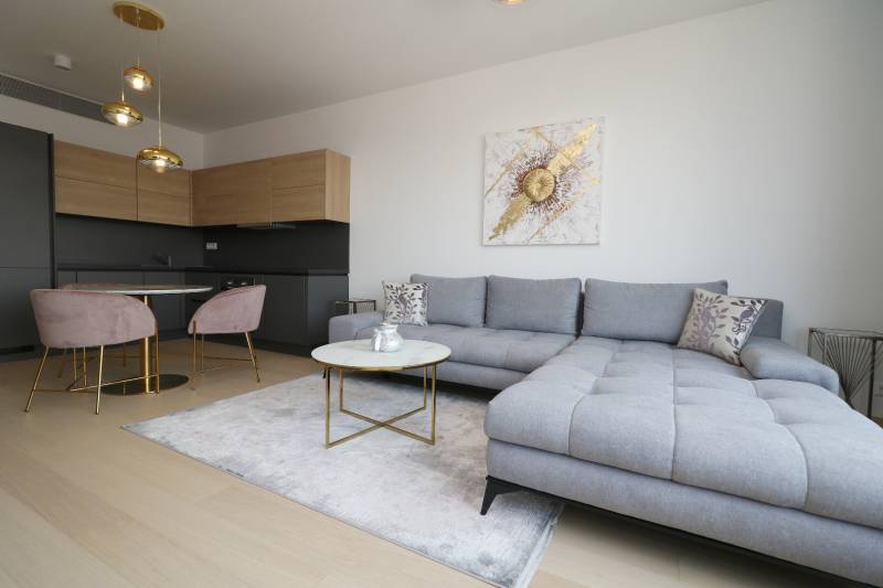 Stílusos nappali kanapéval és konyhával egy kétszobás lakásban.