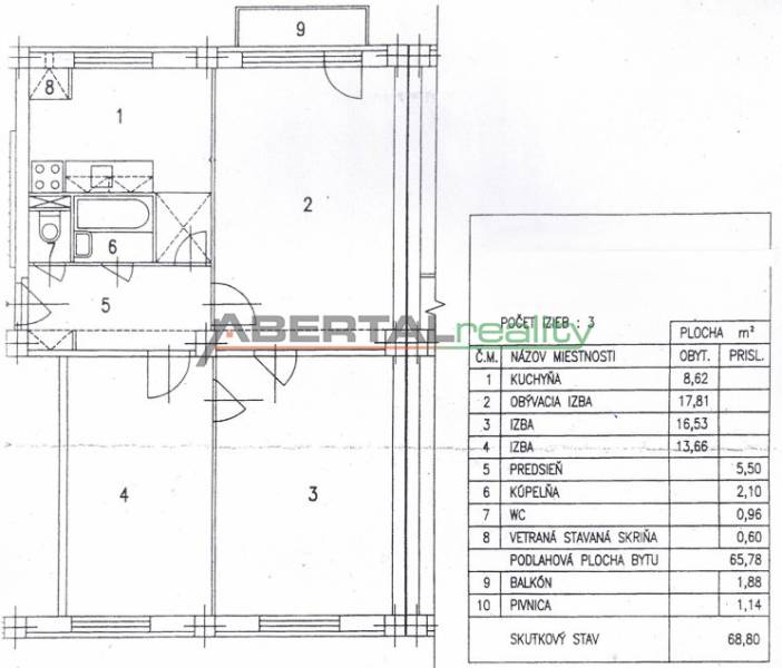 3 szobás lakás alaprajza helyiségek elrendezésével és erkéllyel.