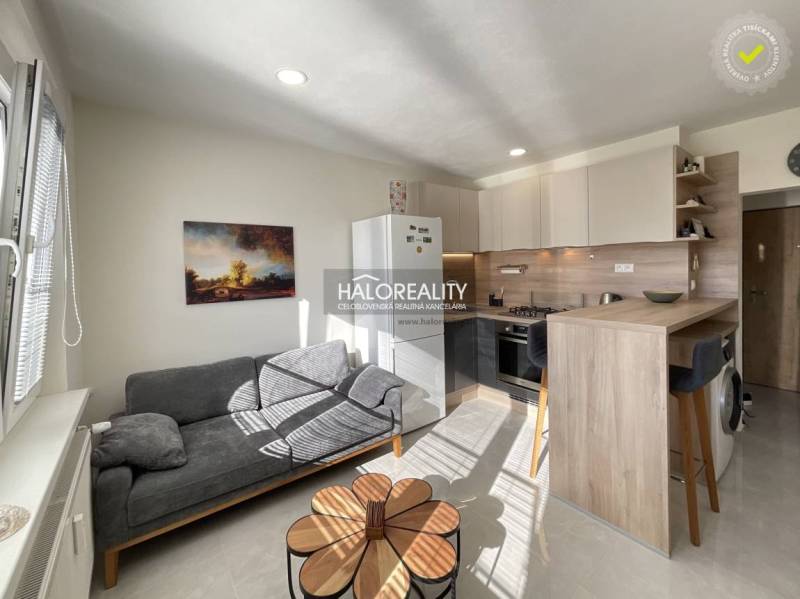 Nappali rész egy egyszobás lakásban konyhával és kanapéval, fa mintás padlóval.