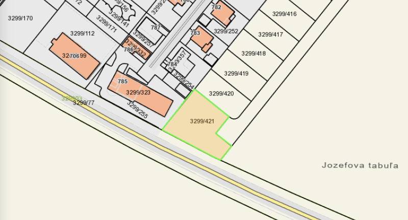 Királyrév kereskedelmi ingatlan kataszteri térképe - kiemelt telek a 3299/421-es számmal.