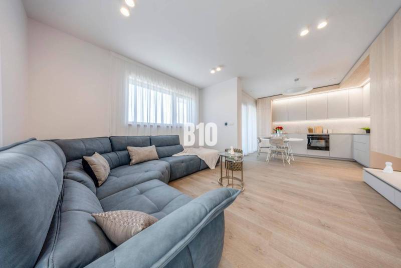 Nappali nagy kanapéval és konyhasarokkal, fa mintázatú padlóval.