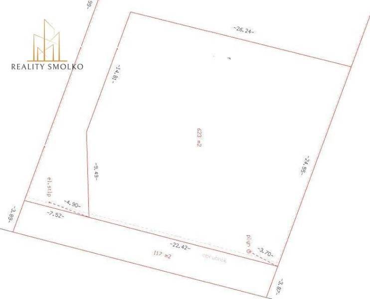 Építési telek Ľuboticéban kataszteri térképpel és méretekkel.