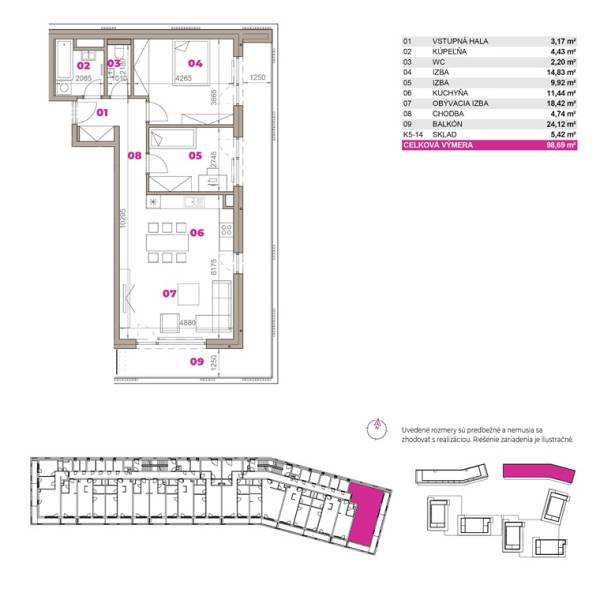Egy 3 szobás lakás alaprajza Pozsonyban - Ružinovban magában foglalja a szobákat, a konyhát és az erkélyt.