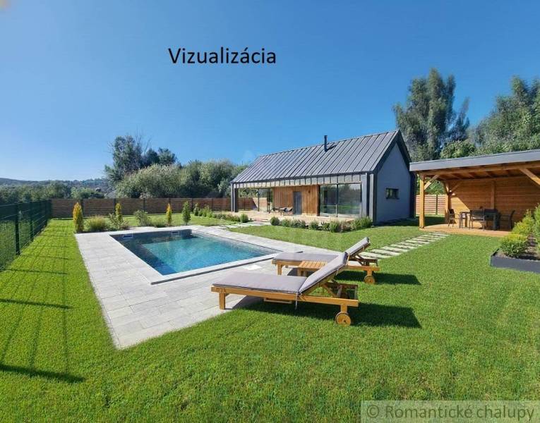 Ház vizualizációja medencével és pavilonnal a hosťovai telken, lakhatásra alkalmas.