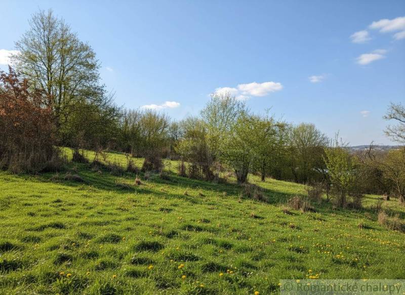 Virágzó rétek és fák Krupinában bemutatják a telkeket - lakóhely idilli környezetben.