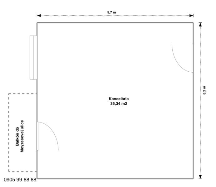 Iroda alaprajza 35,34 m²-es erkéllyel a Moyzesova utcára, Óváros városrész, Kassa.