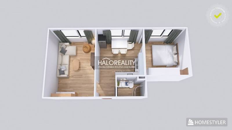 2 szobás lakás alaprajza fa dekor padlóval, dolgozó- és nappali térrel.