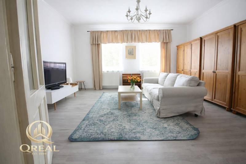 Nappali egy egyszobás lakásban kanapéval, televízióval és fa dekorációjú padlóval.