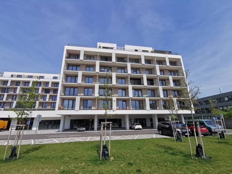 Eduarda Wenzla utca lakóháza parkolóval és garázsokkal az előtérben.