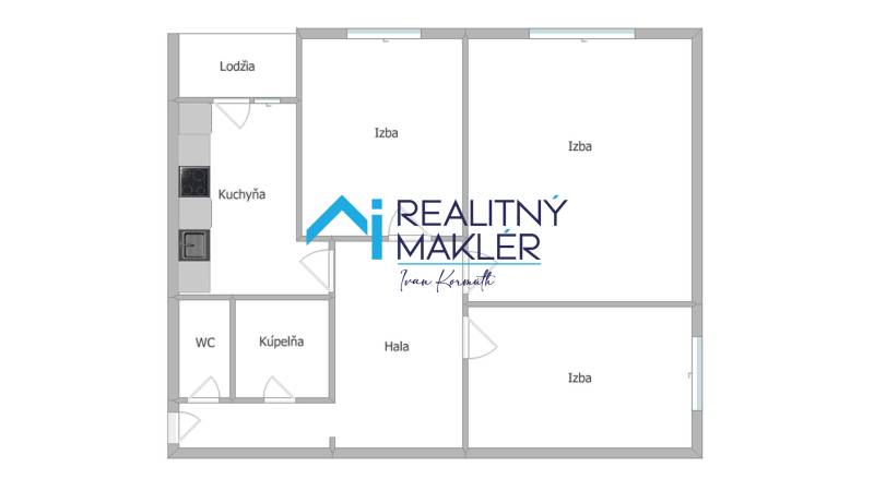 A háromszobás lakás alaprajza tartalmazza a konyhát, a fürdőszobát, a WC-t és három szobát.