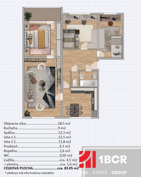 Négy szobás lakás alaprajza fa dekor padlóval, világos szobák, fürdőszoba, konyha.