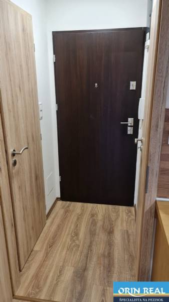 Garzonlakás előszobája sötét ajtókkal és fa mintázatú padlóval.