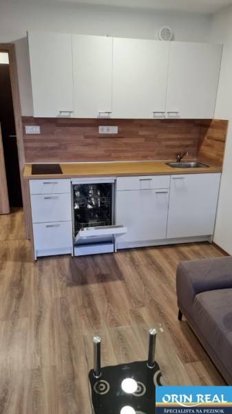 Egy garzonlakás konyhája fehér szekrényekkel, mosogatógéppel és fa mintázatú padlóval.