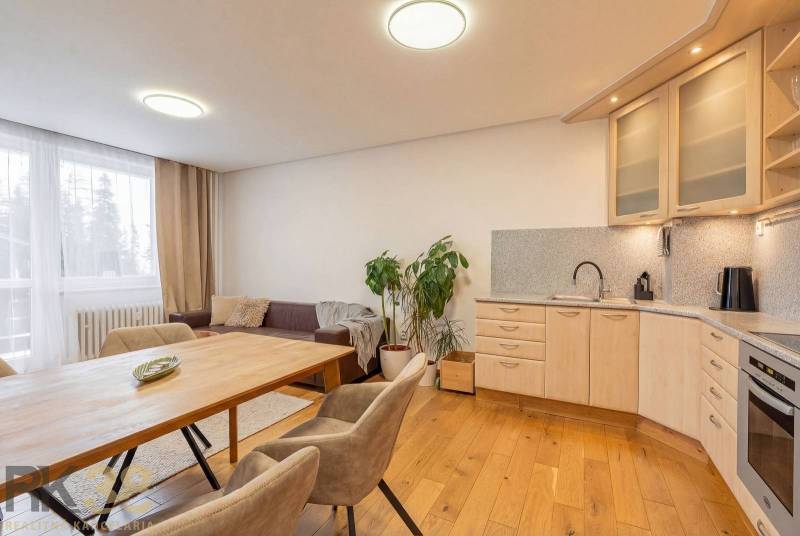 Nyaraló apartman belső tere kanapéval, konyhával és fa dekorációjú padlóval.