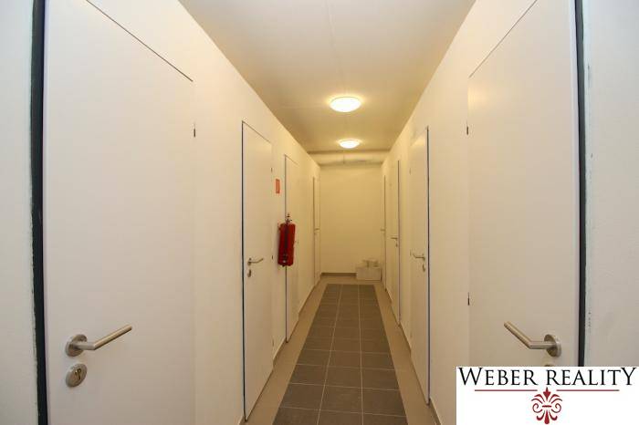 Folyosó világos falakkal és ajtókkal, 1 szobás lakás, tárolóhely.