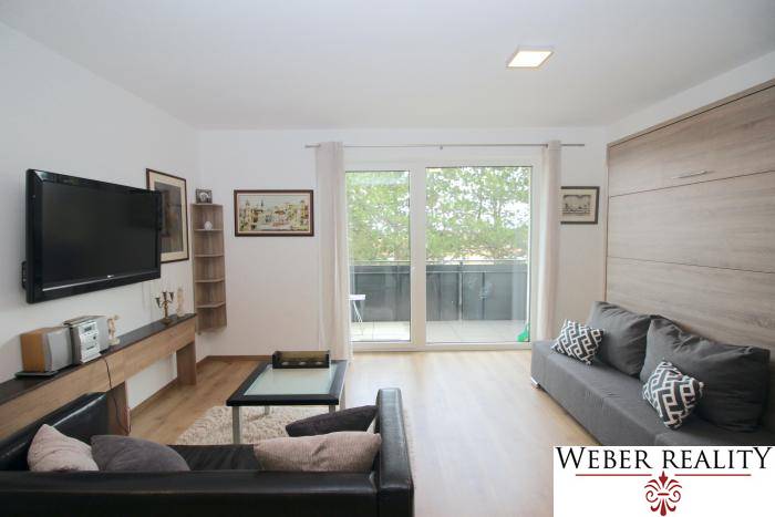 Nappali egy egyszobás lakásban, TV-vel, kanapékkal és fa dekorációjú padlóval.