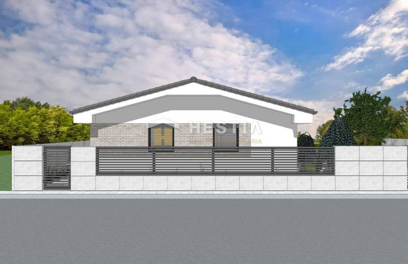 Bungaló kerítéssel, kerttel és zöld gyeppel, Családi ház.