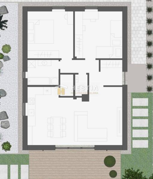 Családi ház alaprajza három szobával, konyhával és külső terasszal.