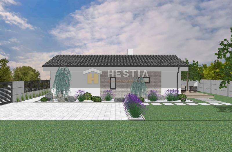 Családi ház vizualizációja kerttel, fákkal, levendulával és kövezett sétánnyal.