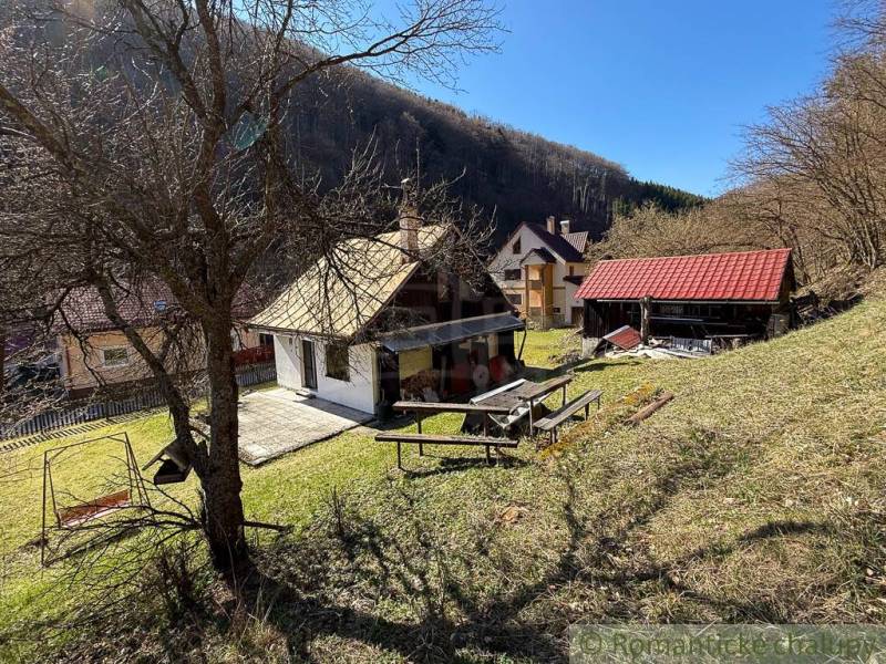 Házikó Moštenicában, természet és fák által körülvéve a lejtőn.