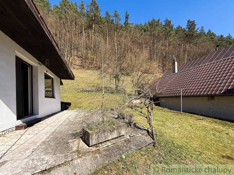 Kert a ház mellett Moštenicében, kilátással az erdős hegyoldalra.